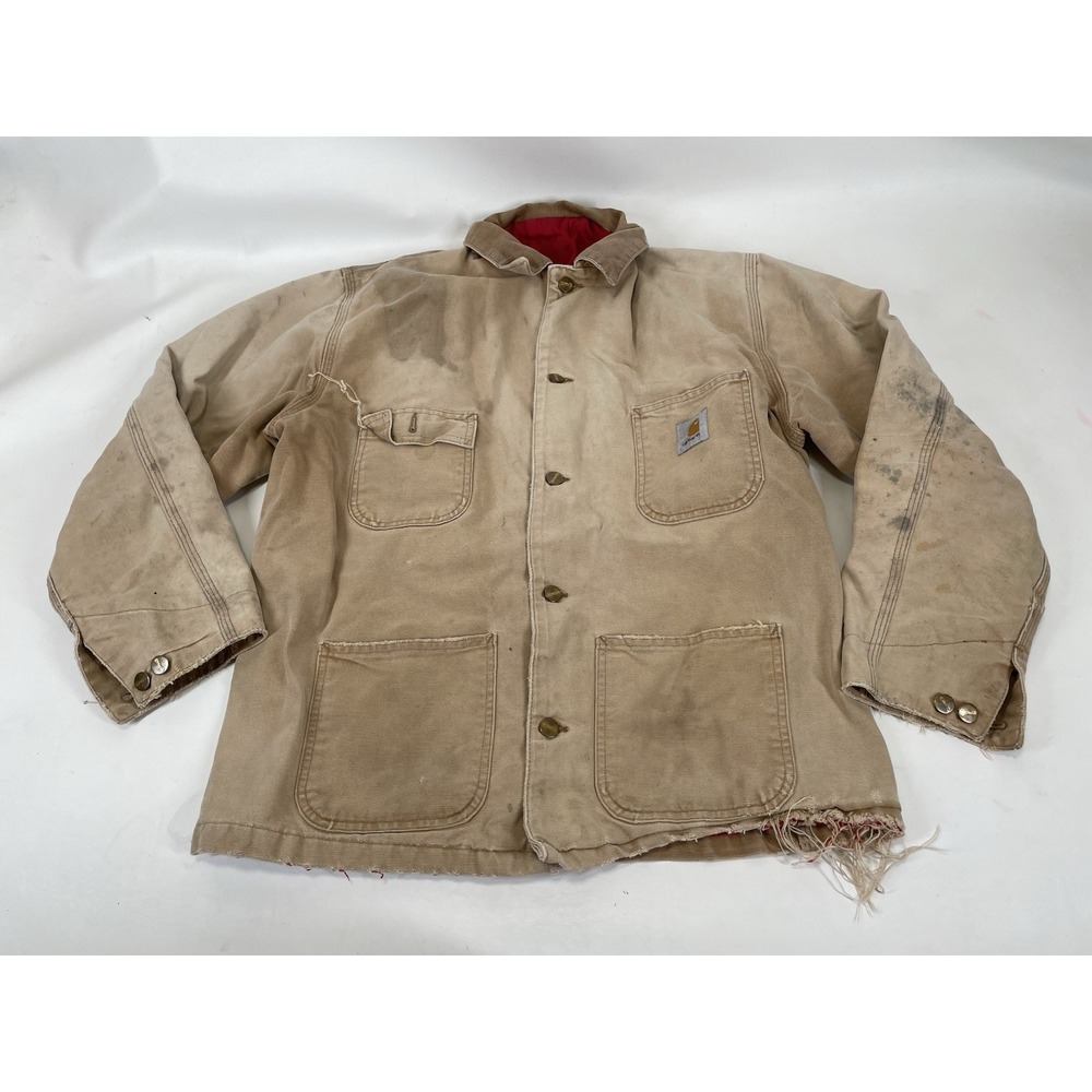 Carhartt Canvas Chore Jacket Button Mens Size 48 Red Quilted Lining Distressed‎